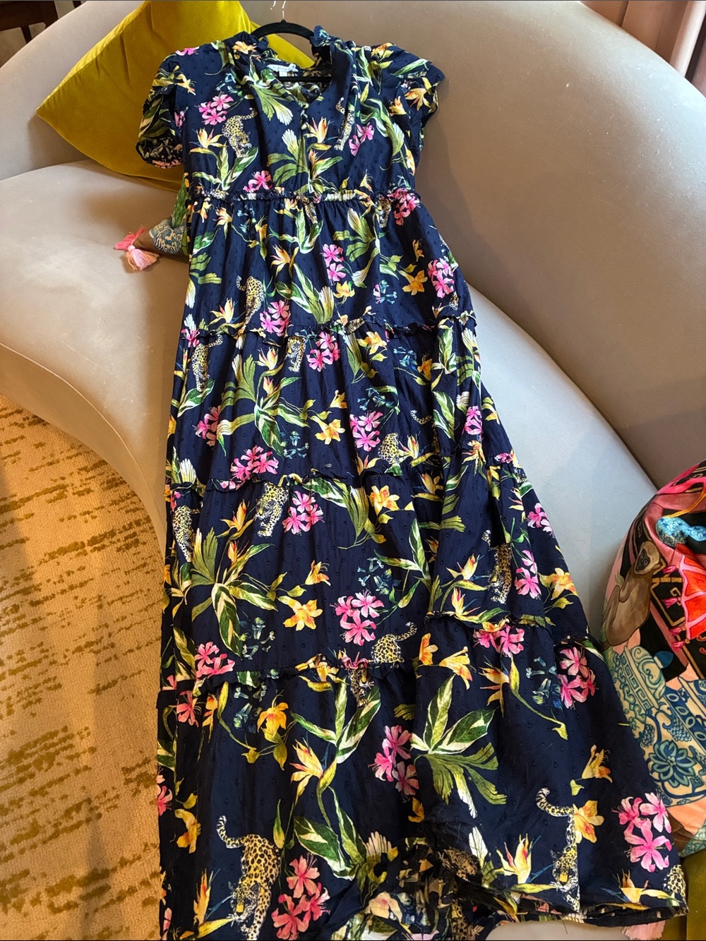 crown & ivy Navy Floral Maxi Dress with Pink & Yellow Blooms and Green Leaves